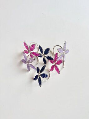 Lot of 6 Vintage Purple Pink Navy Blue Beaded Flower Silver Napkin Rings